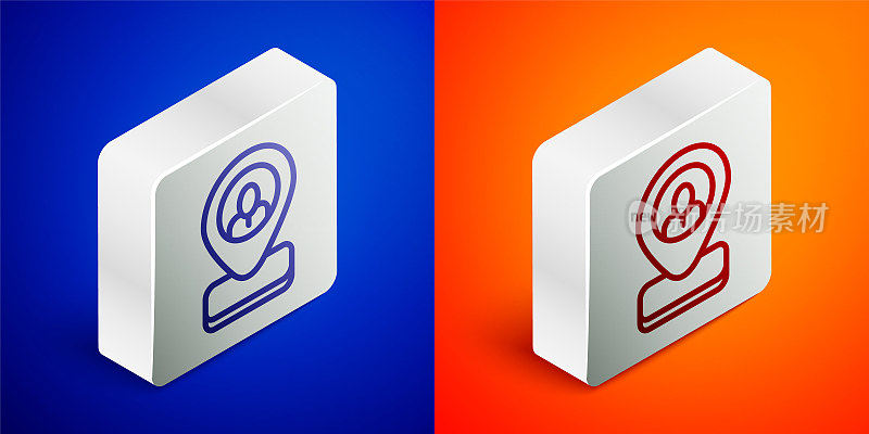 Isometric line Worker location icon isolated on blue and orange background. Silver square button. Vector